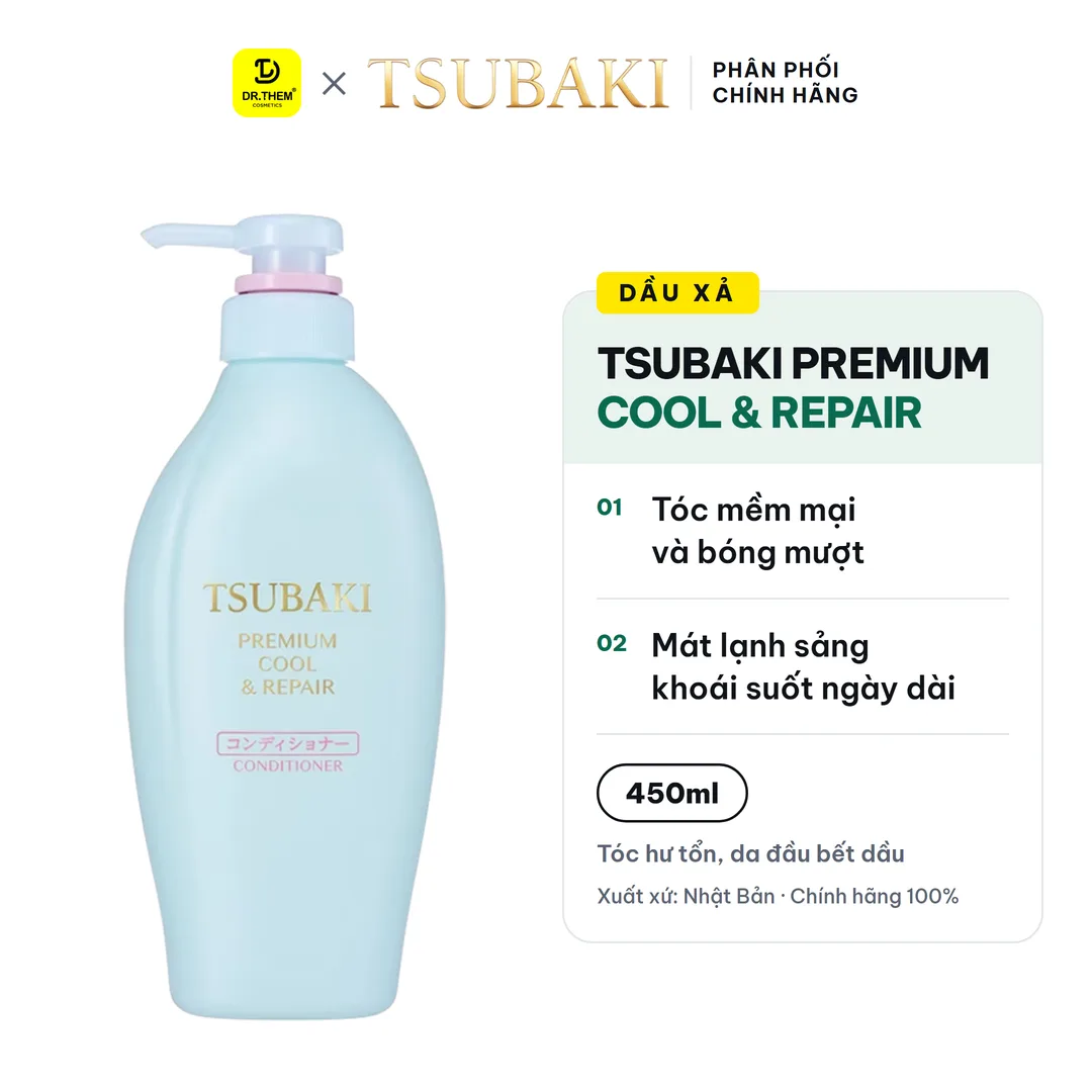 Dầu Xả Tsubaki Premium Cool & Repair Conditioner Phục Hồi, Sạch Dầu Và Mát Lạnh Cho Tóc Hư Tổn 450ml (Xả Xanh)