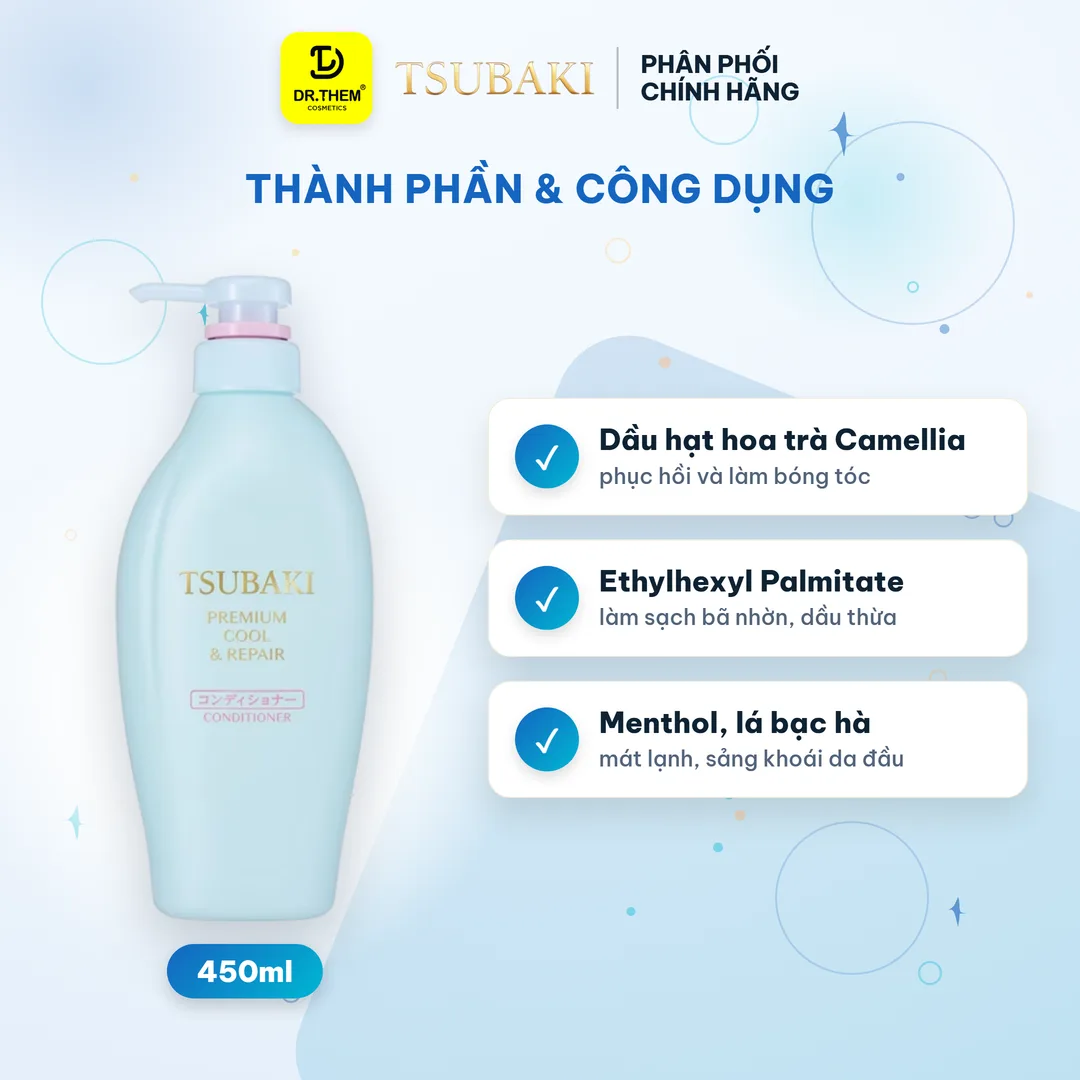 Dầu Xả Tsubaki Premium Cool & Repair Conditioner Phục Hồi, Sạch Dầu Và Mát Lạnh Cho Tóc Hư Tổn 450ml (Xả Xanh) 2