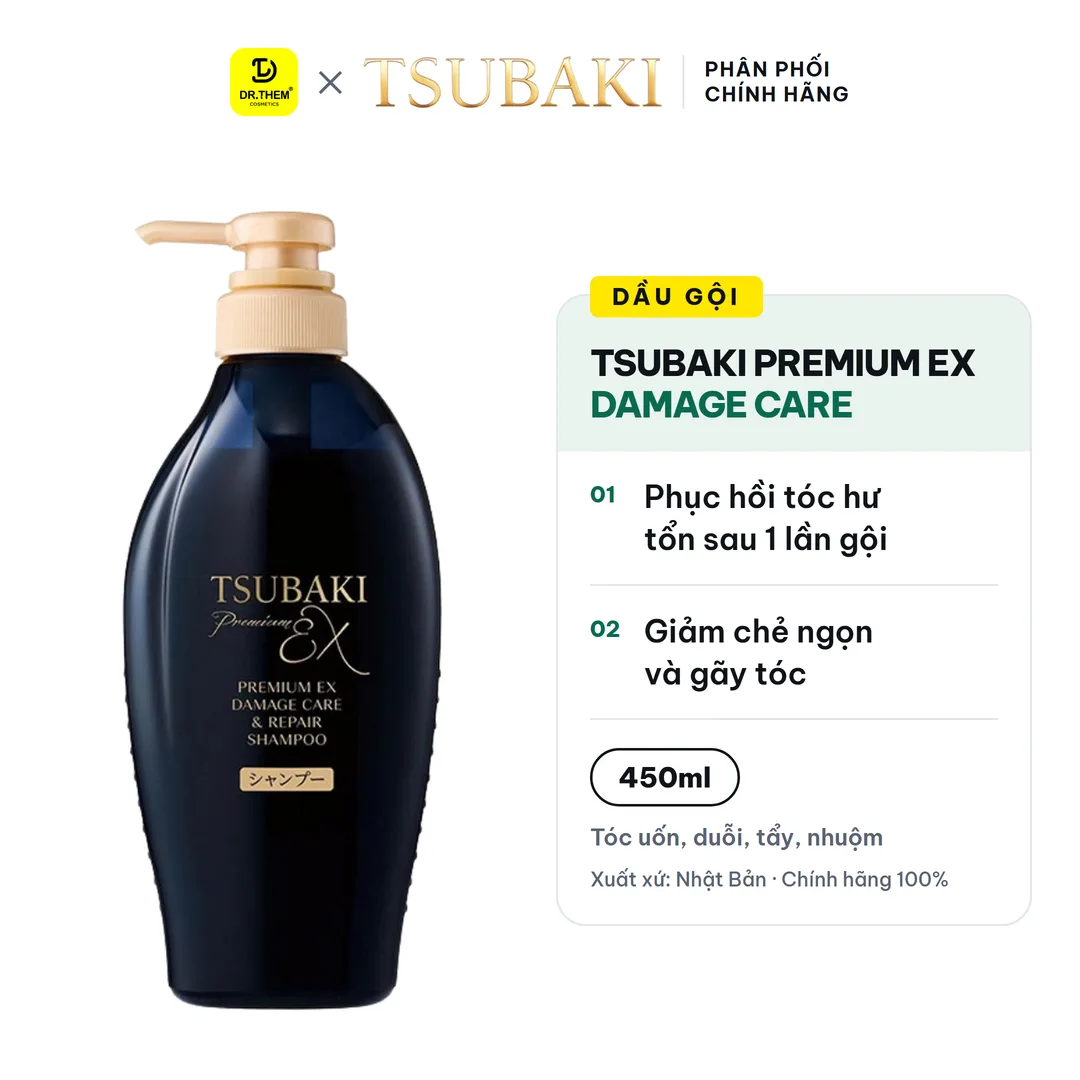 Dầu Gội Tsubaki Premium EX Damage Care & Repair Shampoo Phục Hồi Chuyên Sâu Cho Tóc Uốn Duỗi Nhuộm 450ml (Gội Đen)