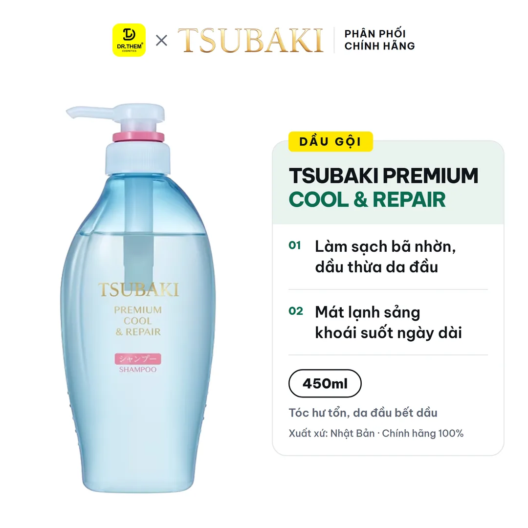 Dầu Gội Tsubaki Premium Cool & Repair Shampoo Phục Hồi, Sạch Dầu Và Mát Lạnh Cho Tóc Hư Tổn 450ml (Gội Xanh)