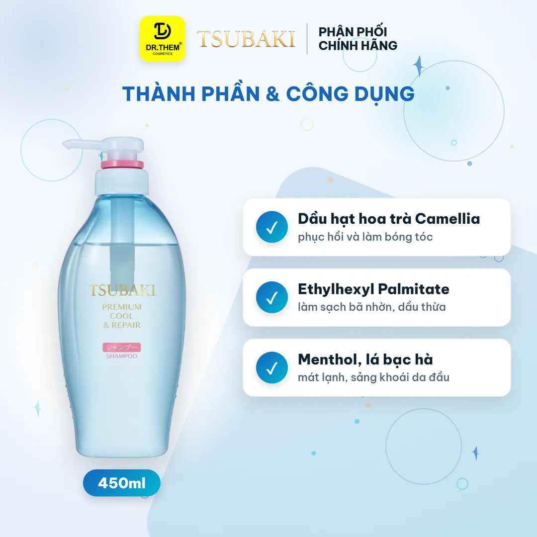 Dầu Gội Tsubaki Premium Cool & Repair Shampoo Phục Hồi, Sạch Dầu Và Mát Lạnh Cho Tóc Hư Tổn 450ml (Gội Xanh) 2