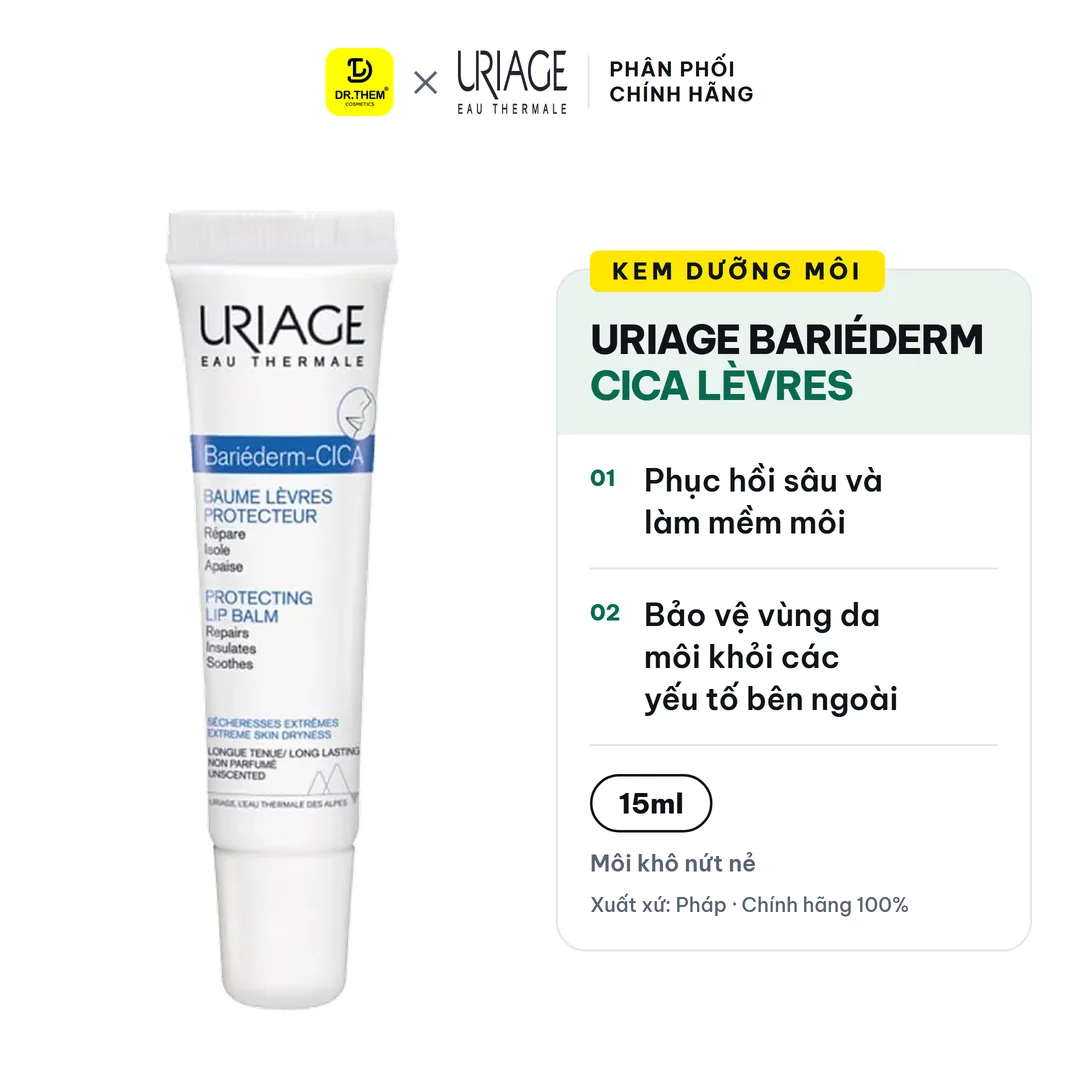 Kem Dưỡng Môi Uriage Bariéderm Cica Lèvres Baume Protecteur Hỗ Trợ Phục Hồi Môi Khô Nứt Nẻ 15ml
