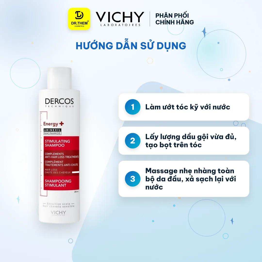 Dầu Gội Vichy Dercos Energy+ Aminexil Stimulating Shampoo Hỗ Trợ Giảm Gãy Rụng Tóc 200ml 8