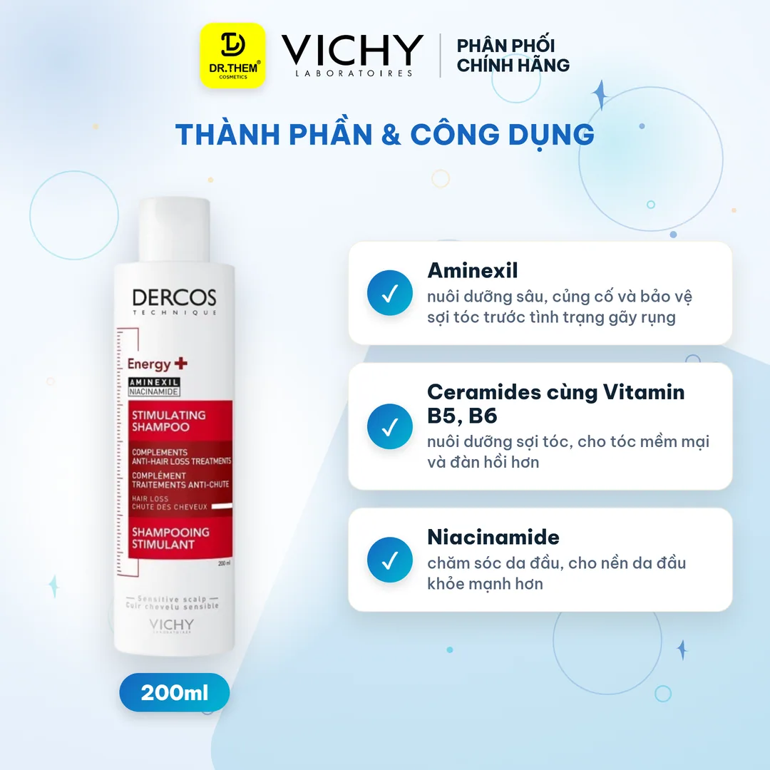 Dầu Gội Vichy Dercos Energy+ Aminexil Stimulating Shampoo Hỗ Trợ Giảm Gãy Rụng Tóc 200ml 7