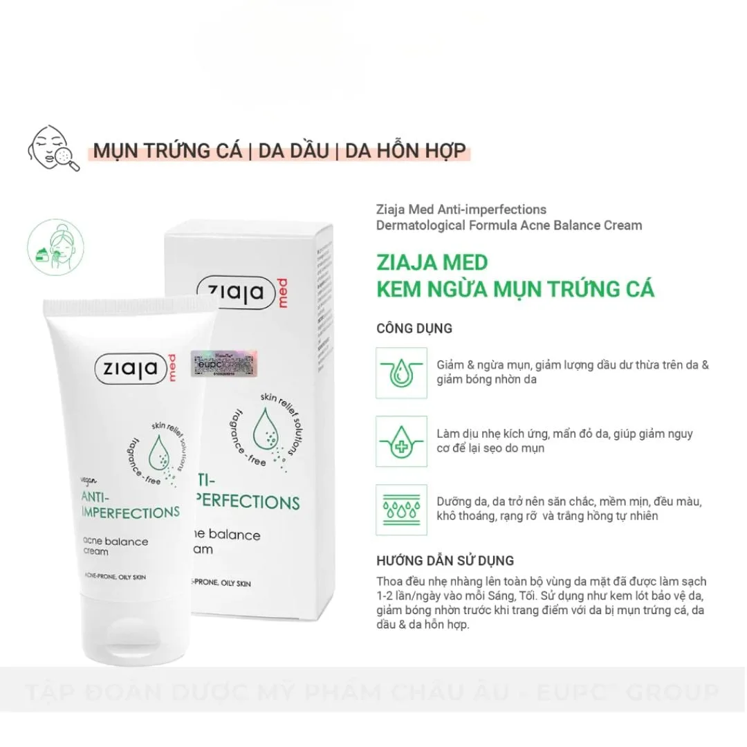 Kem Dưỡng Ziaja Med Anti-Imperfections Acne Balance Cream Hỗ Trợ Giảm Mụn Kiềm Dầu Cấp Ẩm Cho Da Mụn 50ml 5