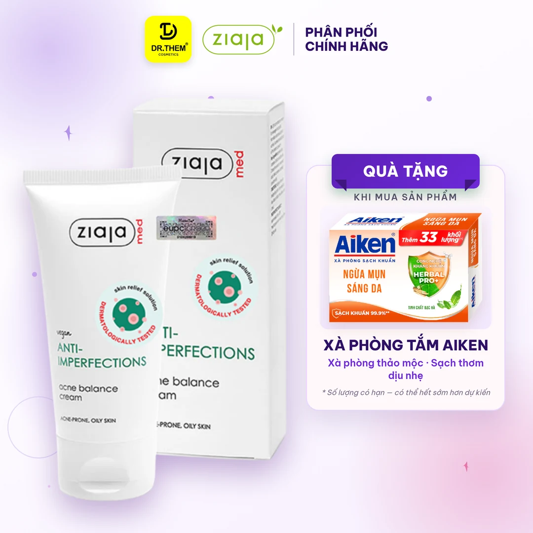 Kem Dưỡng Ziaja Med Anti-Imperfections Acne Balance Cream Hỗ Trợ Giảm Mụn Kiềm Dầu Cấp Ẩm Cho Da Mụn 50ml