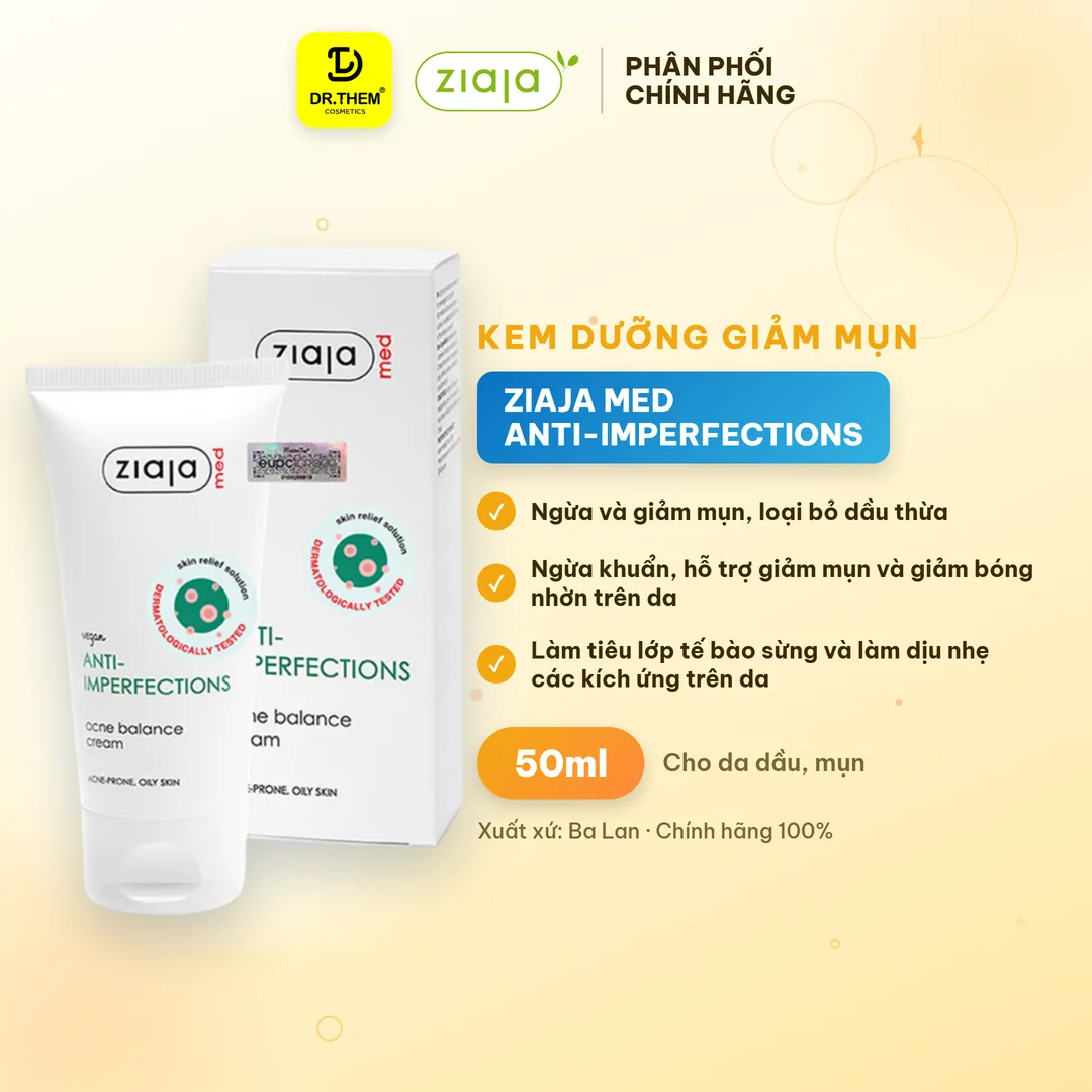 Kem Dưỡng Ziaja Med Anti-Imperfections Acne Balance Cream Hỗ Trợ Giảm Mụn Kiềm Dầu Cấp Ẩm Cho Da Mụn 50ml