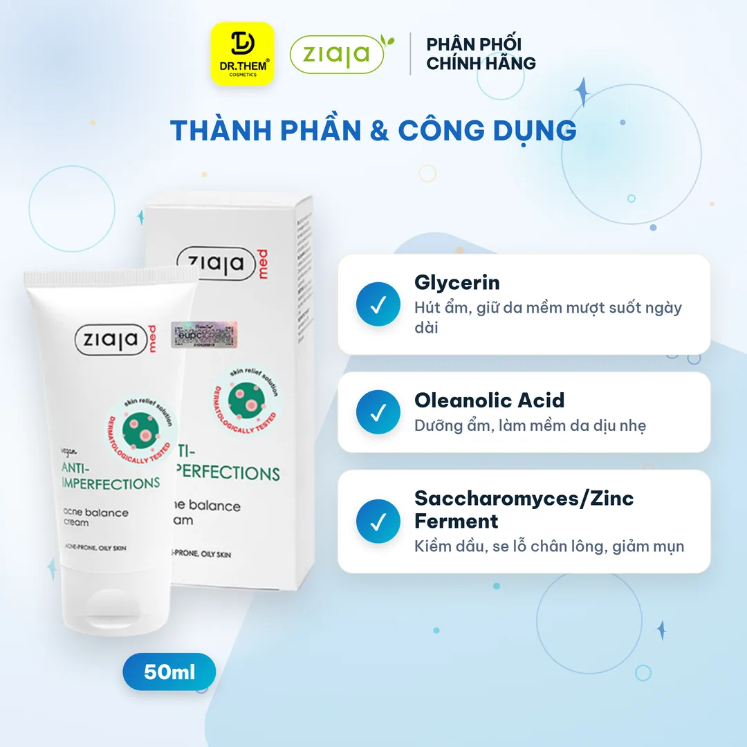 Kem Dưỡng Ziaja Med Anti-Imperfections Acne Balance Cream Hỗ Trợ Giảm Mụn Kiềm Dầu Cấp Ẩm Cho Da Mụn 50ml 6