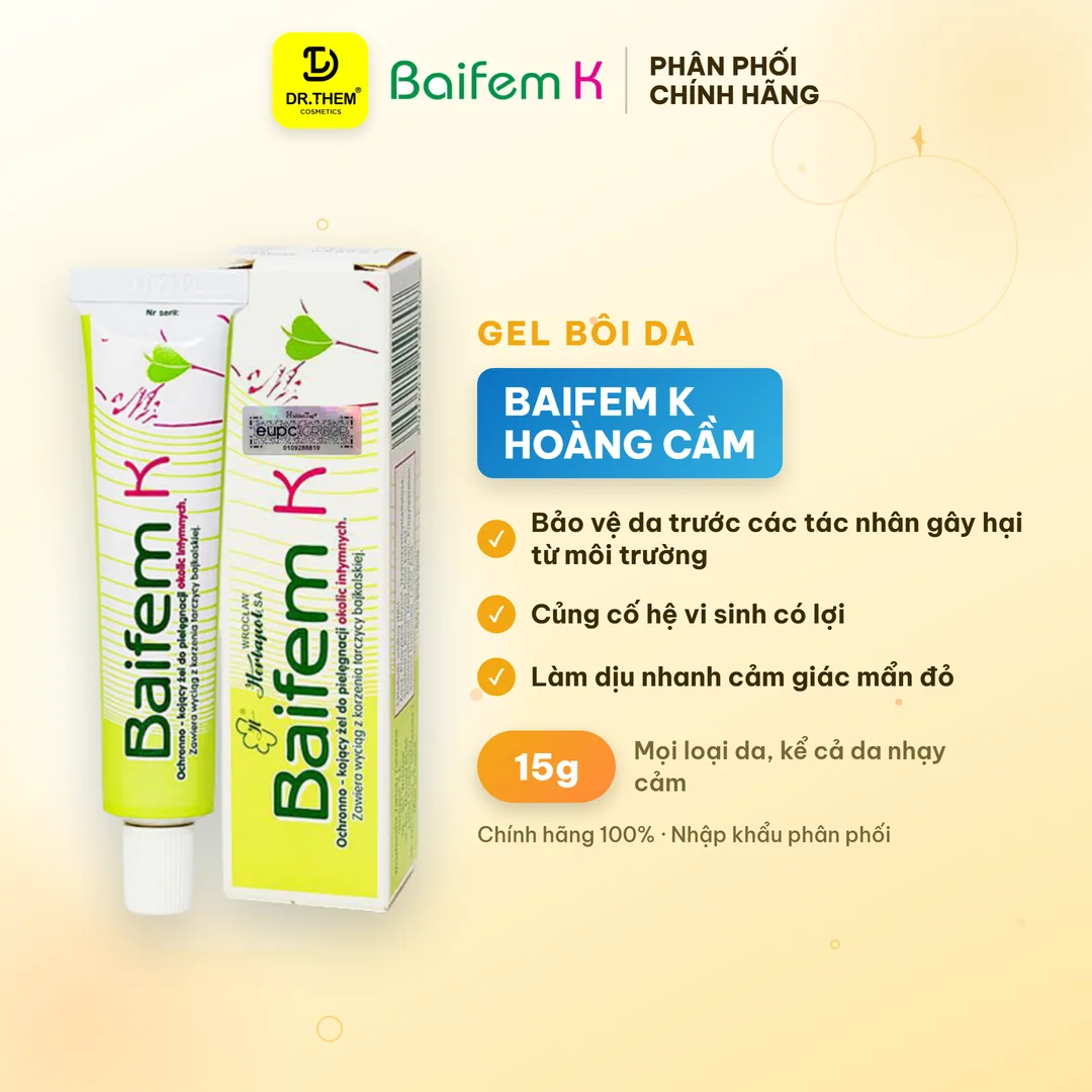 Gel Bôi Da Baifem K Chiết Xuất Hoàng Cầm Làm Dịu Da Bảo Vệ Da Giảm Kích Ứng Mẩn Đỏ Cho Da Nhạy Cảm 15g