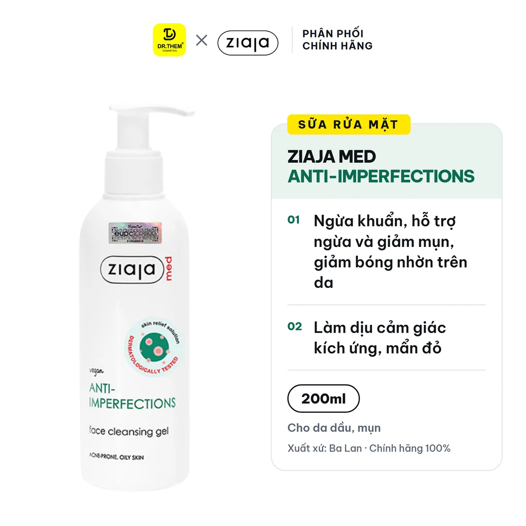 Sữa Rửa Mặt Ziaja Med Anti-Imperfections Cleansing Gel Hỗ Trợ Giảm Mụn Ngừa Khuẩn Kiềm Dầu Cho Da Dầu Mụn 200ml – ảnh sản phẩm