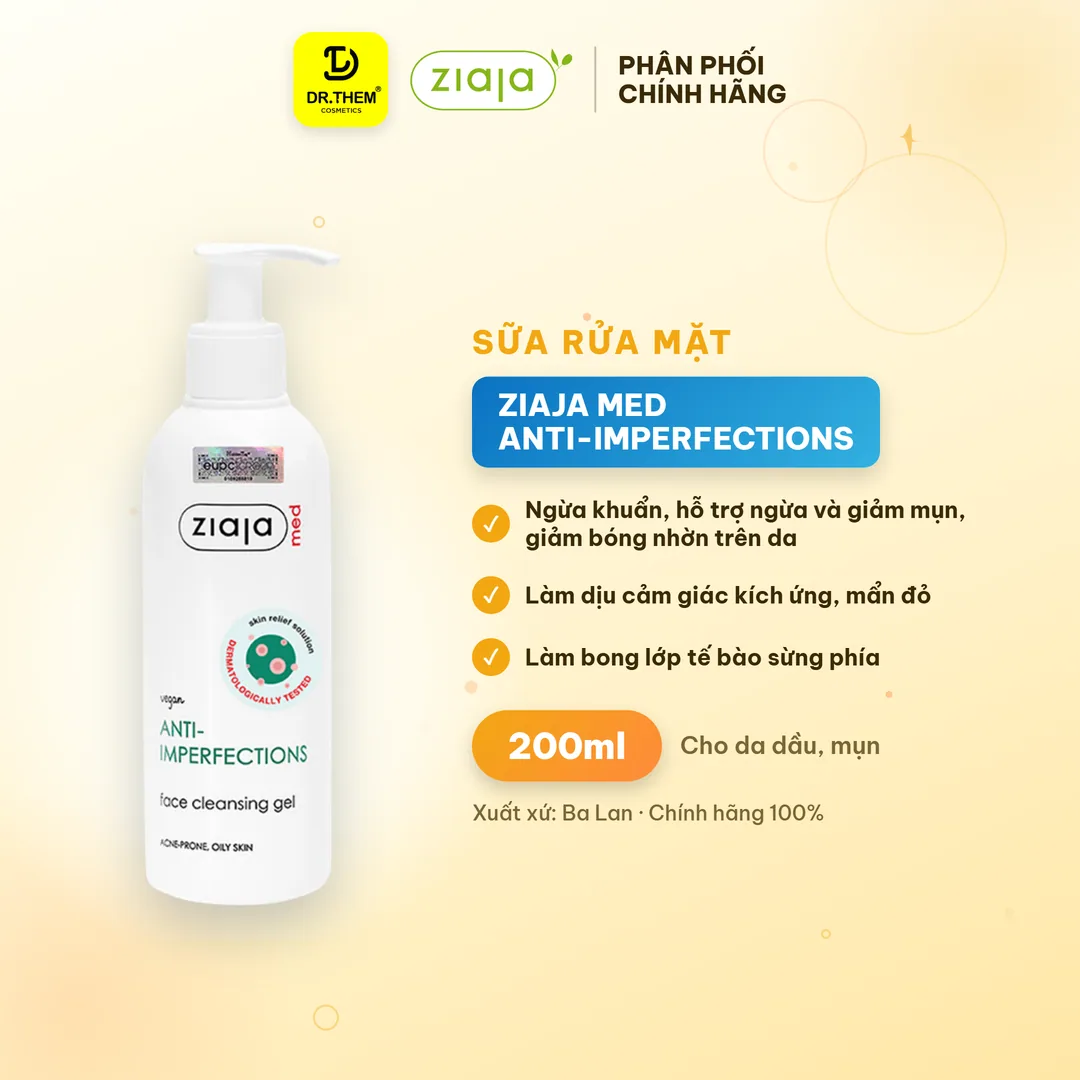 Sữa Rửa Mặt Ziaja Med Anti-Imperfections Cleansing Gel Hỗ Trợ Giảm Mụn Ngừa Khuẩn Kiềm Dầu Cho Da Dầu Mụn 200ml