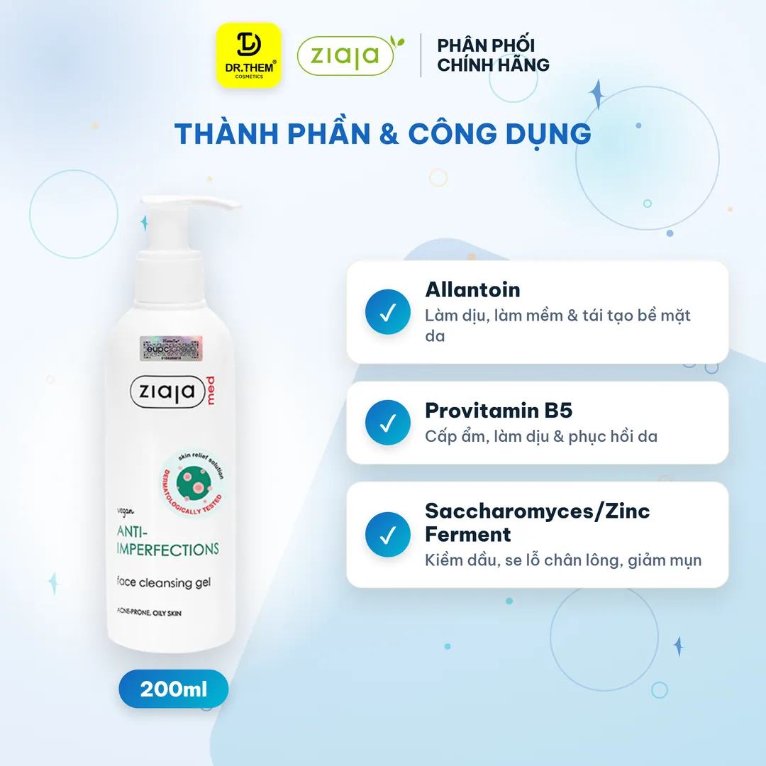 Sữa Rửa Mặt Ziaja Med Anti-Imperfections Cleansing Gel Hỗ Trợ Giảm Mụn Ngừa Khuẩn Kiềm Dầu Cho Da Dầu Mụn 200ml 4