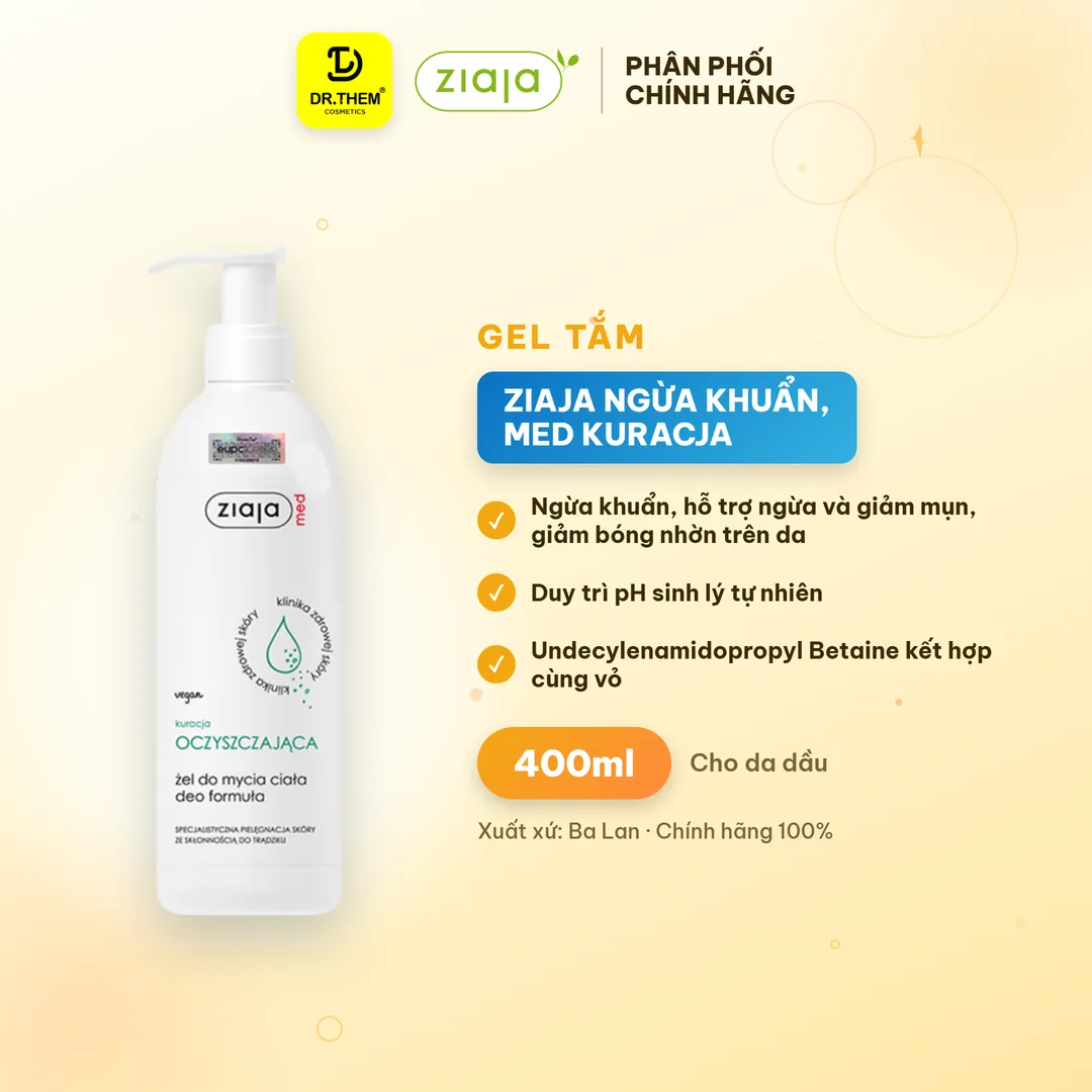 Gel Tắm Ziaja Med Kuracja Oczyszczajaca Deo Formula Làm Sạch Ngừa Khuẩn Hỗ Trợ Giảm Mụn Lưng Cho Da Dầu 400ml