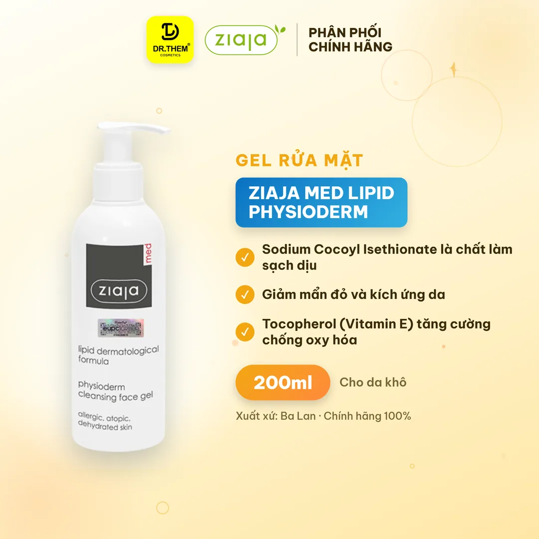 Gel Rửa Mặt Ziaja Med Lipid Physioderm Cleansing Face Gel Làm Sạch Sinh Lý Dịu Nhẹ Cho Da Khô Nhạy Cảm 200ml