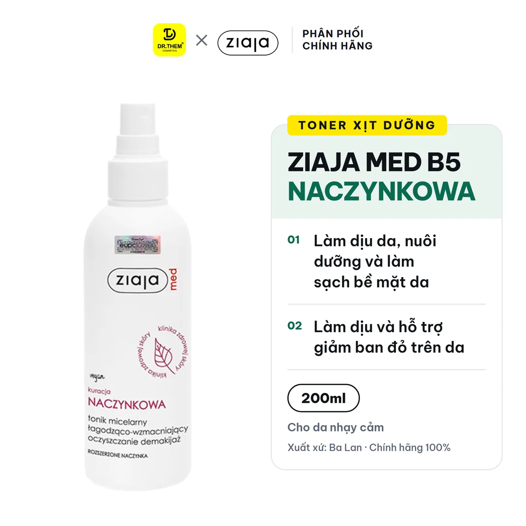 Nước Cân Bằng Dạng Xịt Ziaja Med Kuracja Naczynkowa Tonik Micelarny B5 Làm Dịu Da Giảm Mẩn Đỏ Cho Da Nhạy Cảm 200ml – ảnh sản phẩm