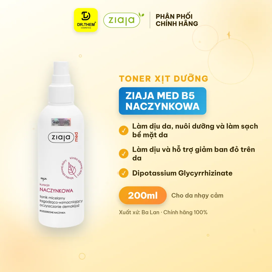 Nước Cân Bằng Dạng Xịt Ziaja Med Kuracja Naczynkowa Tonik Micelarny B5 Làm Dịu Da Giảm Mẩn Đỏ Cho Da Nhạy Cảm 200ml