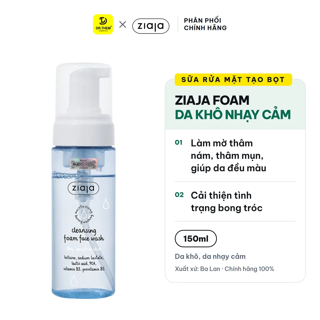 Sữa Rửa Mặt Tạo Bọt Ziaja Cleansing Foam Face Wash Dry Sensitive Skin Dịu Nhẹ Dưỡng Ẩm Làm Mềm Da 150ml – ảnh sản phẩm