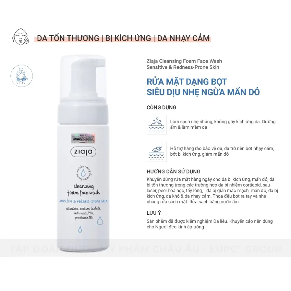 Sữa Rửa Mặt Tạo Bọt Ziaja Cleansing Foam Face Wash Sensitive Redness Prone Skin Dịu Nhẹ Giảm Mẩn Đỏ 150ml 5
