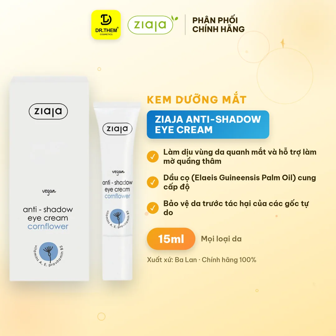 Kem Dưỡng Mắt Ziaja Anti-Shadow Eye Cream Hỗ Trợ Giảm Quầng Thâm Dưỡng Ẩm Vùng Da Quanh Mắt 15ml