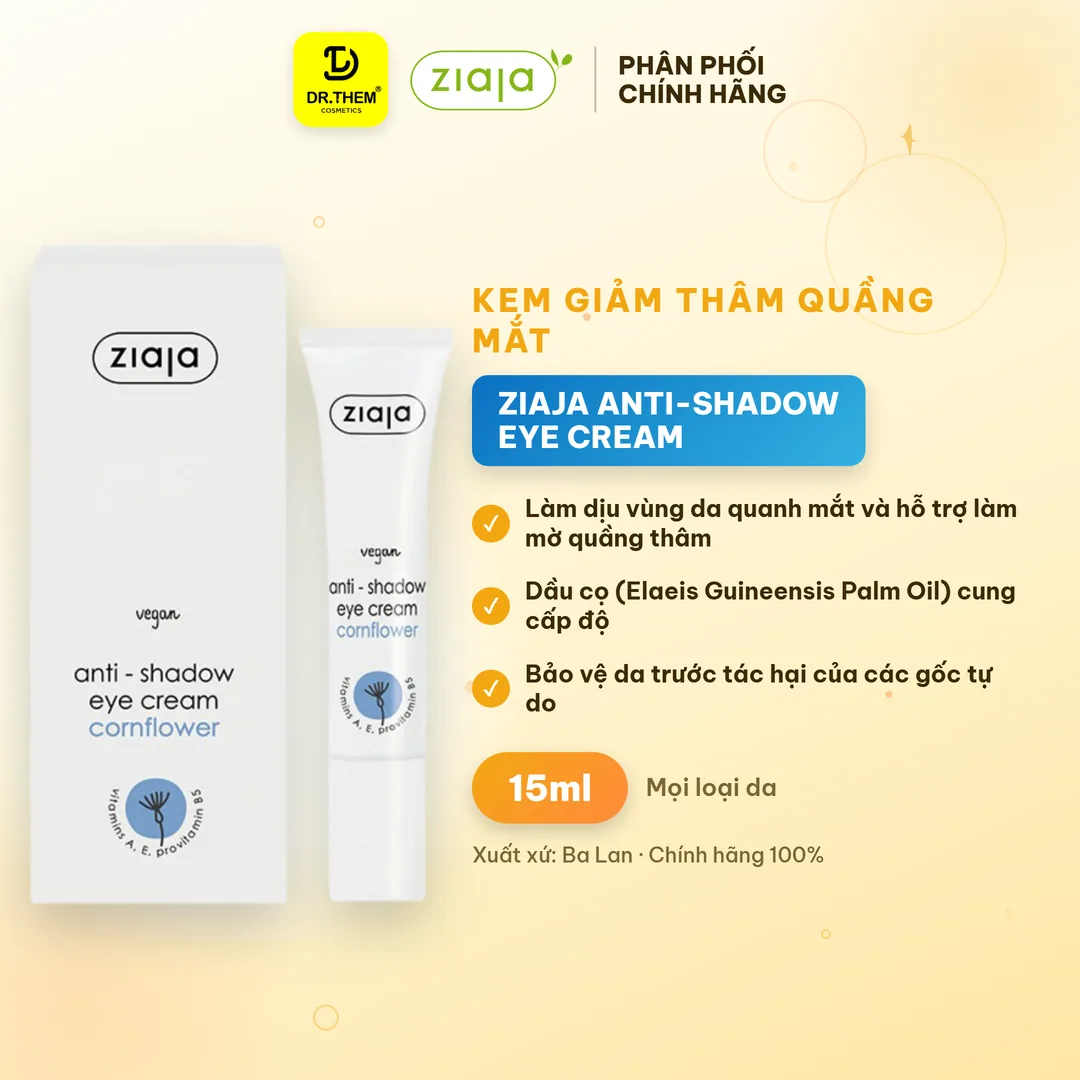 Kem Dưỡng Mắt Ziaja Anti-Shadow Eye Cream Hỗ Trợ Giảm Quầng Thâm Dưỡng Ẩm Vùng Da Quanh Mắt 15ml