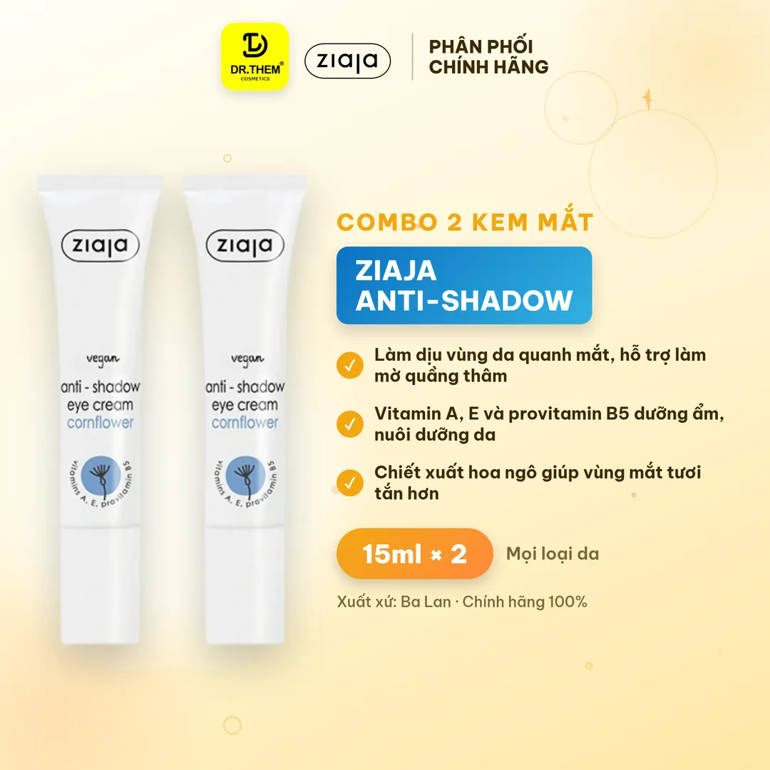 Combo 2 Kem Dưỡng Mắt Ziaja Anti-Shadow Eye Cream Hỗ Trợ Giảm Quầng Thâm 15ml - Tặng Xà Bông Aiken 2