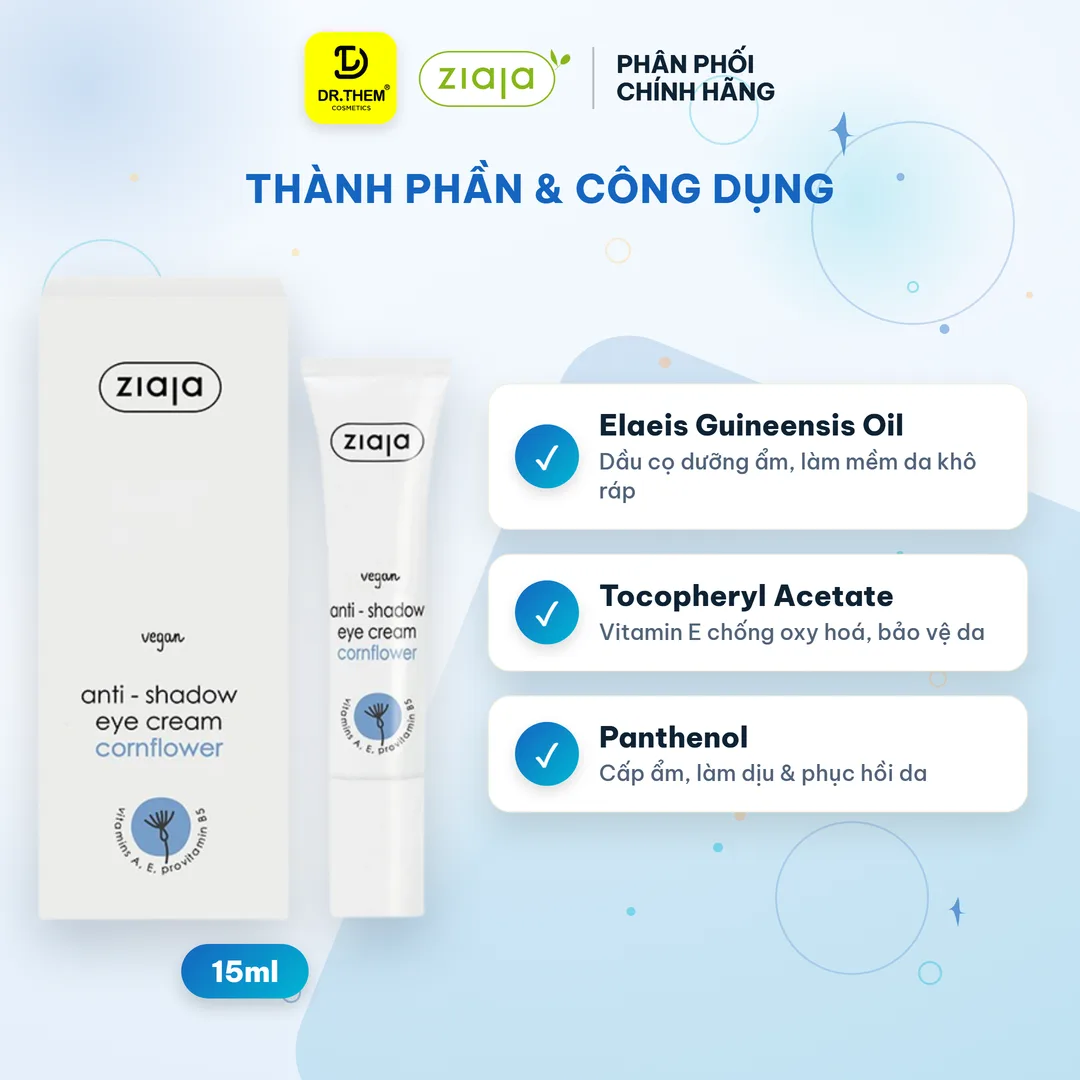 Combo 2 Kem Dưỡng Mắt Ziaja Anti-Shadow Eye Cream Hỗ Trợ Giảm Quầng Thâm 15ml - Tặng Xà Bông Aiken 3