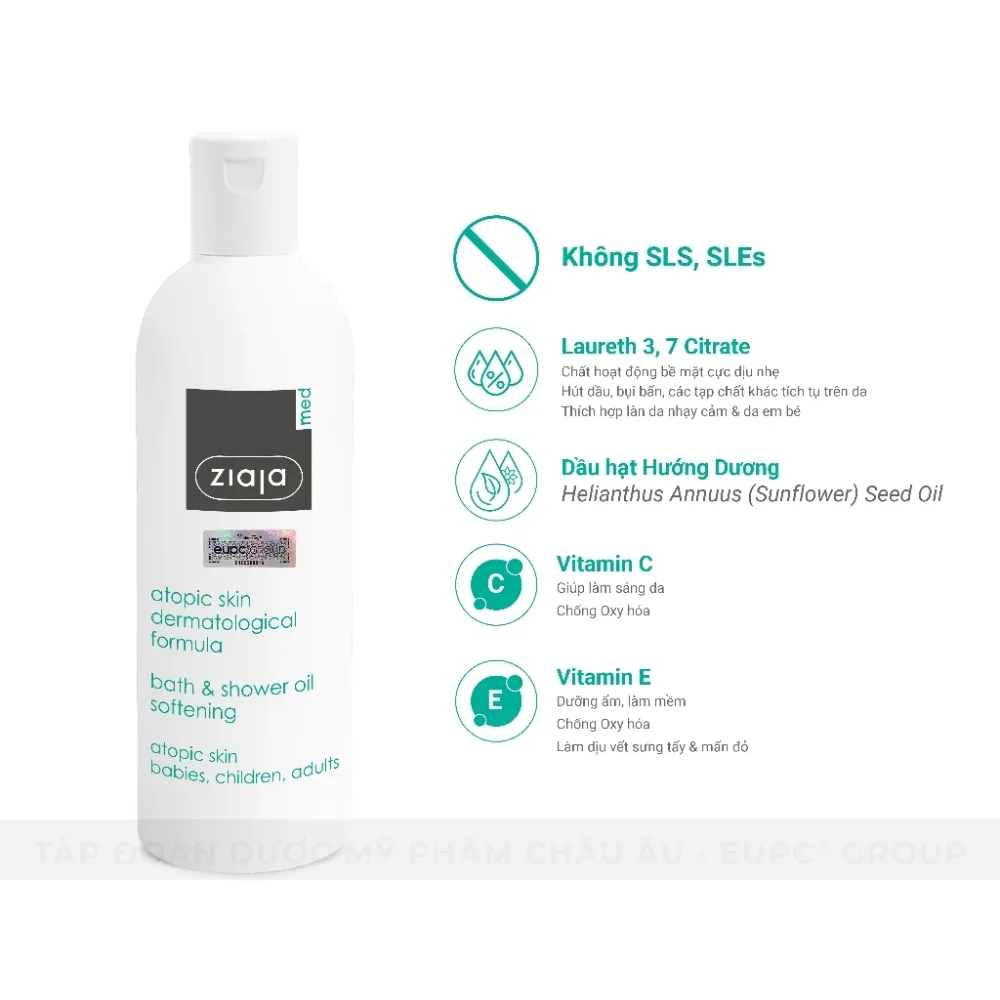 Dầu Tắm Ziaja Med Atopic Skin Bath Shower Oil Softening Dưỡng Ẩm Làm Mềm Mịn Da Cho Da Khô Nhạy Cảm 270ml 5