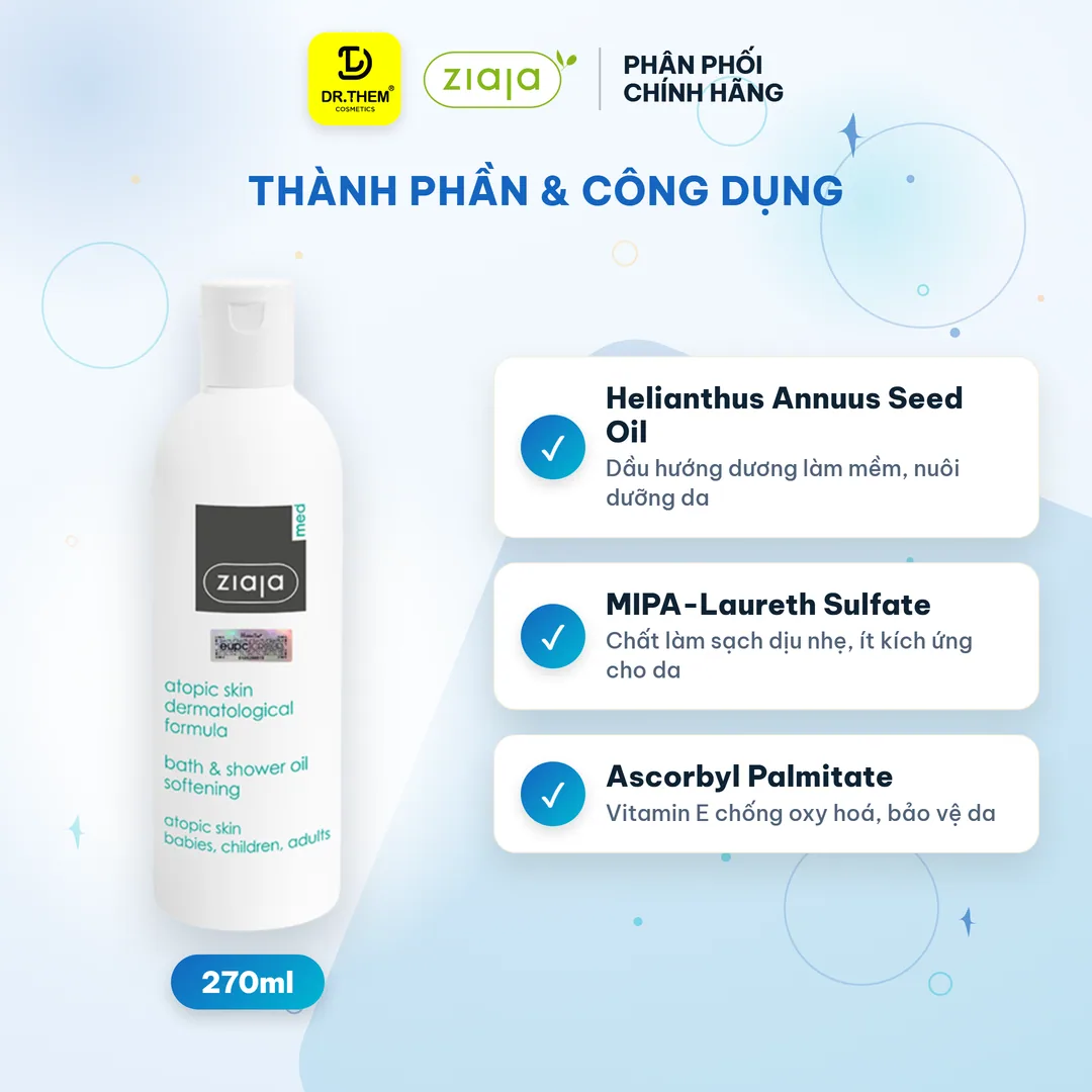 Dầu Tắm Ziaja Med Atopic Skin Bath Shower Oil Softening Dưỡng Ẩm Làm Mềm Mịn Da Cho Da Khô Nhạy Cảm 270ml 4