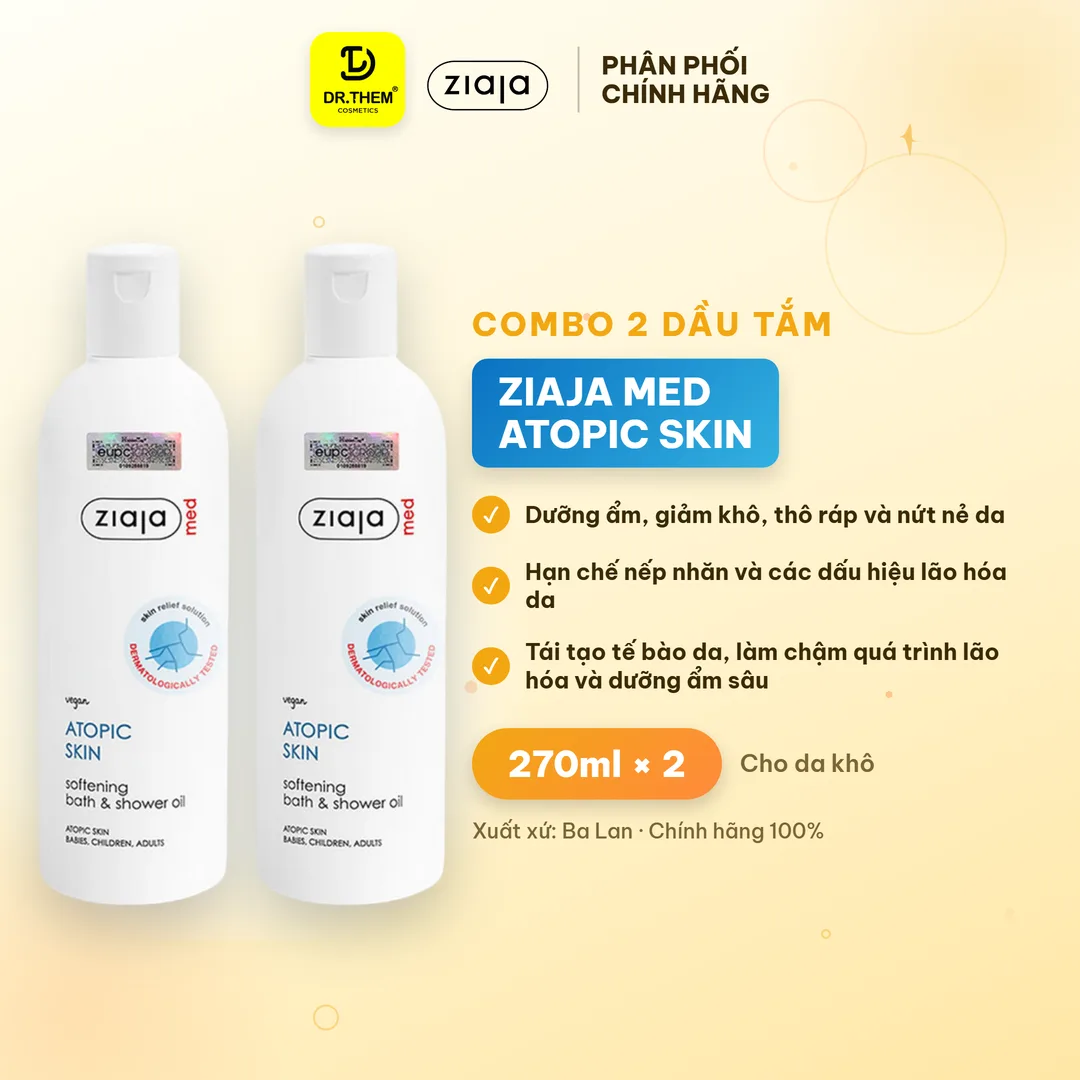 Combo 2 Dầu Tắm Ziaja Med Atopic Skin Bath Shower Oil Làm Mềm Mịn Da 270ml - Tặng Sáp Dưỡng Vaseline 2