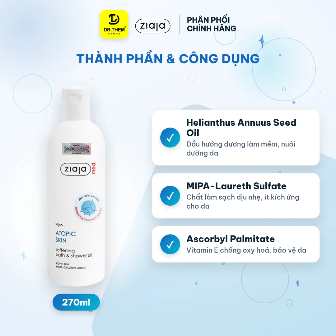 Combo 2 Dầu Tắm Ziaja Med Atopic Skin Bath Shower Oil Làm Mềm Mịn Da 270ml - Tặng Sáp Dưỡng Vaseline 3