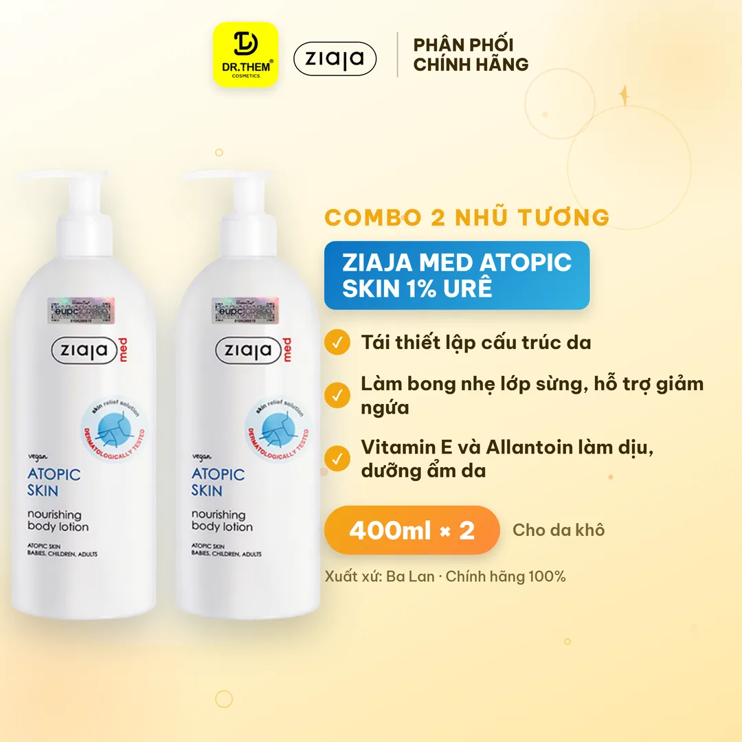 Combo 2 Nhũ Tương Dưỡng Thể Ziaja Med Atopic Skin 1% Urê Mượt Da Dưỡng Ẩm 400ml - Tặng Sáp Dưỡng Vaseline 2