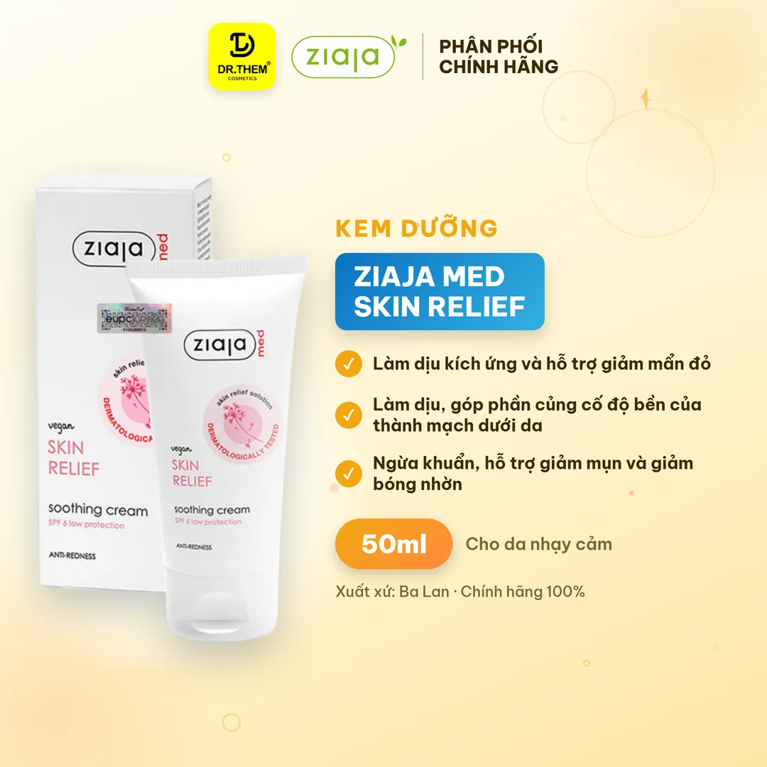 Kem Dưỡng Ziaja Med Skin Relief Soothing Cream Anti-Redness Làm Dịu Da Hỗ Trợ Giảm Mẩn Đỏ Cho Da Nhạy Cảm 50ml