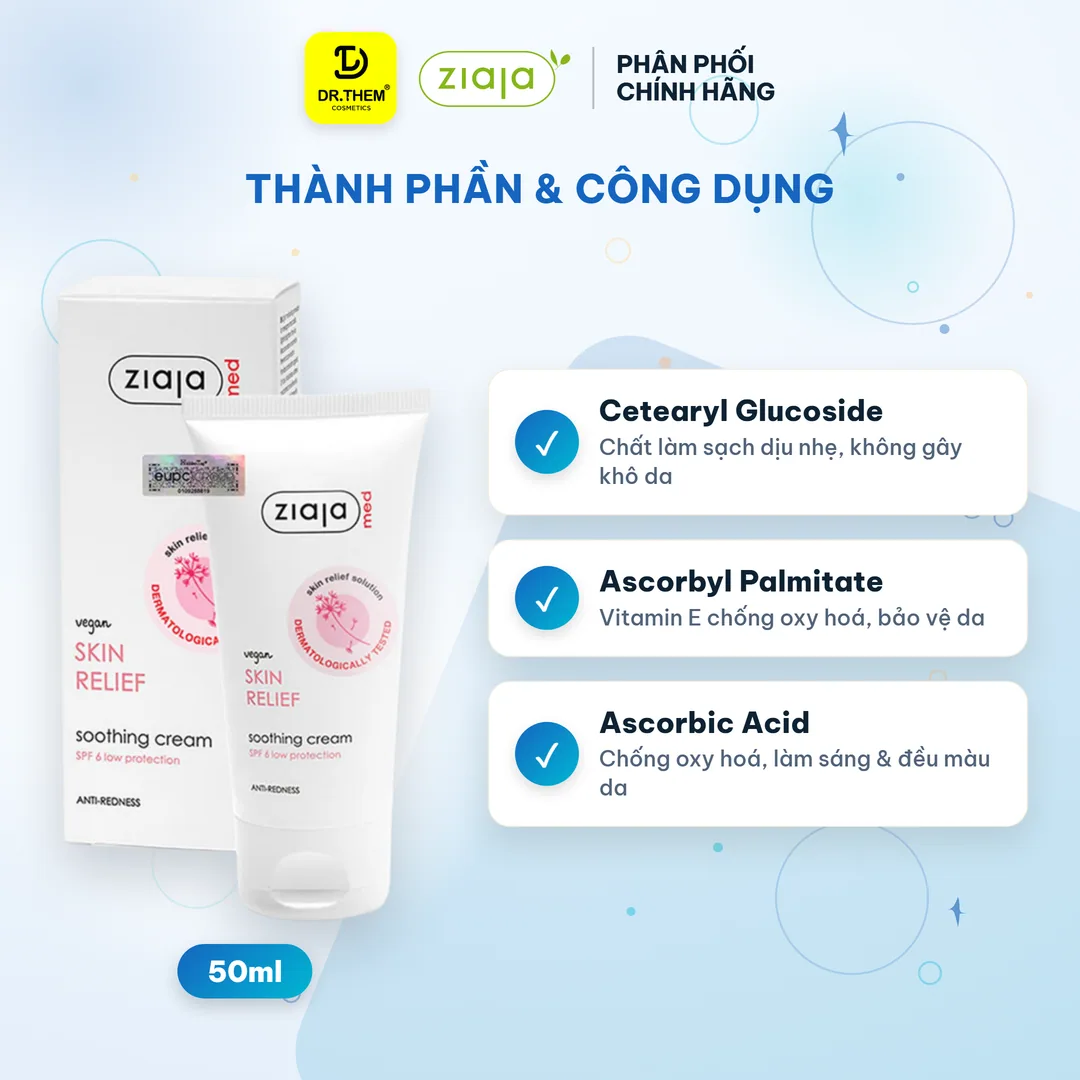 Kem Dưỡng Ziaja Med Skin Relief Soothing Cream Anti-Redness Làm Dịu Da Hỗ Trợ Giảm Mẩn Đỏ Cho Da Nhạy Cảm 50ml 3