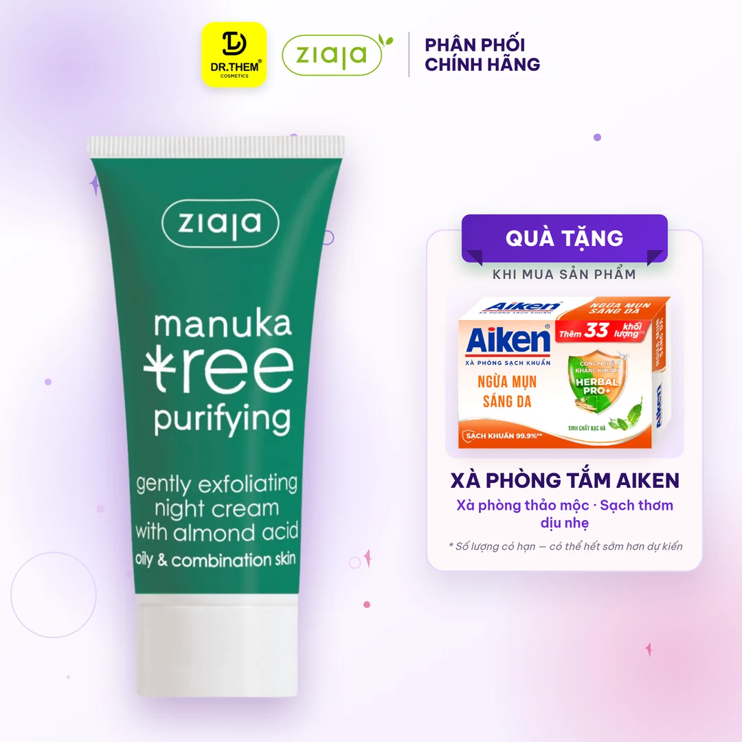 Kem Dưỡng Đêm Ziaja Manuka Tree Gently Exfoliating Night Cream Tẩy Tế Bào Chết Nhẹ Nhàng Cho Da Dầu Mụn 50ml