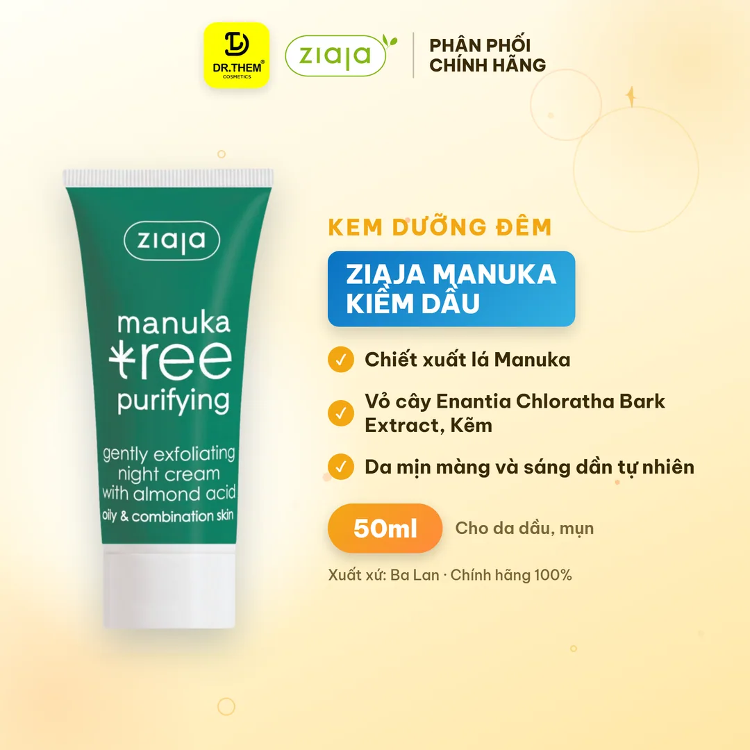 Kem Dưỡng Đêm Ziaja Manuka Tree Gently Exfoliating Night Cream Tẩy Tế Bào Chết Nhẹ Nhàng Cho Da Dầu Mụn 50ml