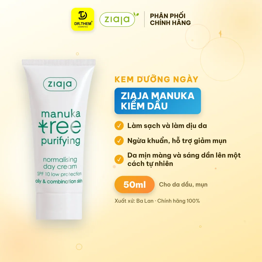 Kem Dưỡng Ngày Ziaja Manuka Tree Purifying Normalising Day Cream Kiềm Dầu Cân Bằng Cho Da Dầu Mụn 50ml