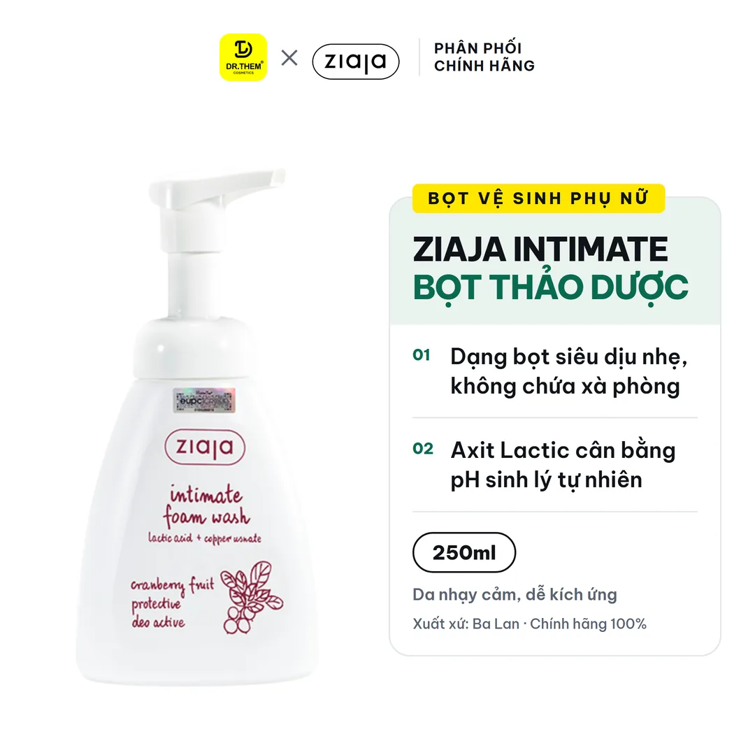 Bọt Vệ Sinh Thảo Dược Ziaja Intimate Foam Wash Cranberry Dịu Nhẹ Khử Mùi Cân Bằng pH Không Xà Phòng 250ml – ảnh sản phẩm