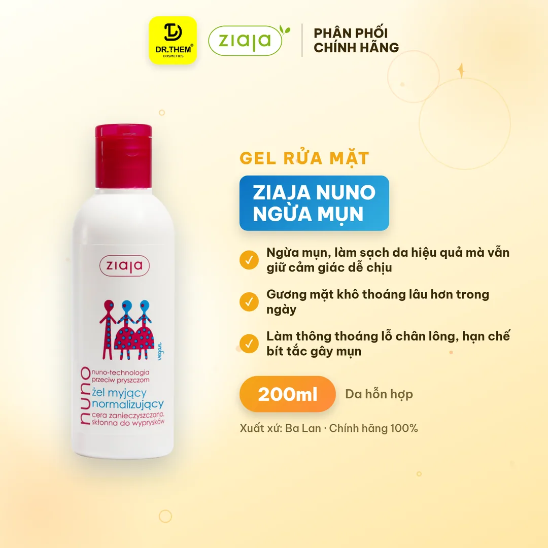 Gel Rửa Mặt Ziaja Nuno Hỗ Trợ Ngừa Mụn Giảm Dầu Thừa Làm Thông Thoáng Lỗ Chân Lông Cho Da Dầu Da Hỗn Hợp 200ml