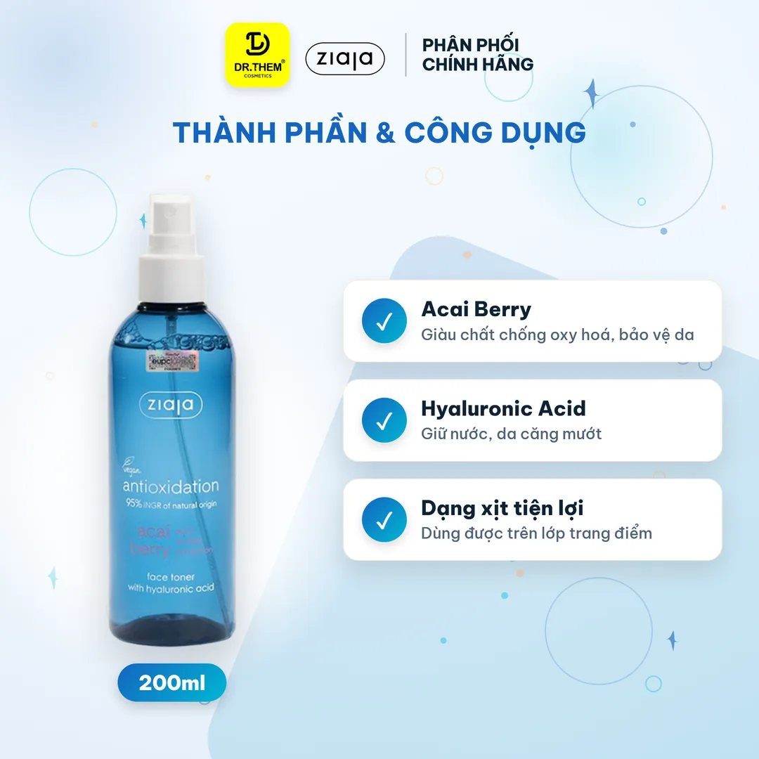 Xịt Cân Bằng Ziaja Acai Berry Toner Hyaluronic Acid Dưỡng Ẩm Chống Oxy Hoá Làm Sáng Da 200ml 3