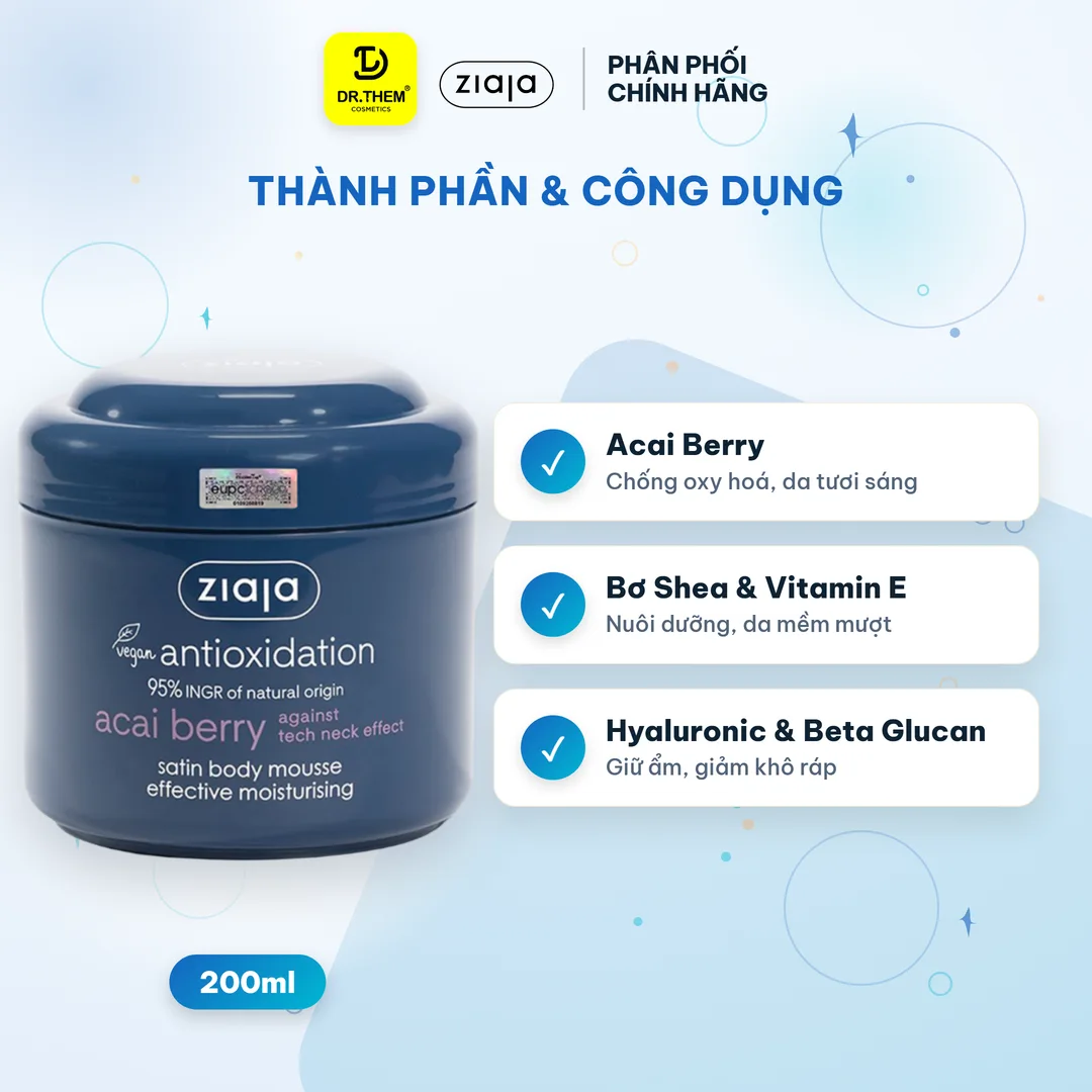 Mousse Dưỡng Thể Ziaja Acai Berry Satin Body Mousse Dưỡng Ẩm Chống Oxy Hoá Mềm Mịn Da 200ml – ảnh 2